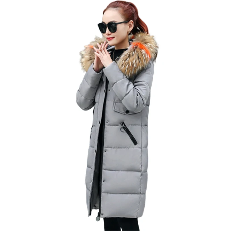 Зимняя куртка женская Корейская Повседневная теплая пуховая хлопковая куртка Модные Женские ветрозащитные длинные толстые парки с капюшоном и меховым воротником F1110
