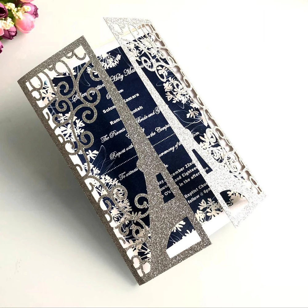 10pcs/set Glitter Embossing Invitation Cards 15*15CM for wedding business party Paris tower greeting card customized supplies