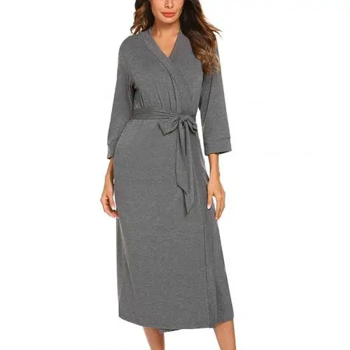 Albornoz de punto largo de kimono para mujer, albornoz de invierno, vestido de algodón de dama de honor, pijama sexy con cuello - Цвет: Dark Gray
