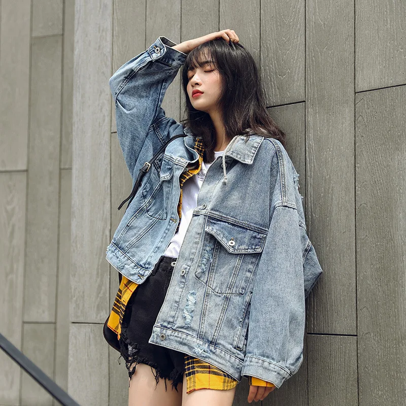 2019 BF Harajuk, большая свободная джинсовая куртка для женщин, джинсовая куртка с вышивкой, пальто в стиле хип-хоп с дырками, однобортная