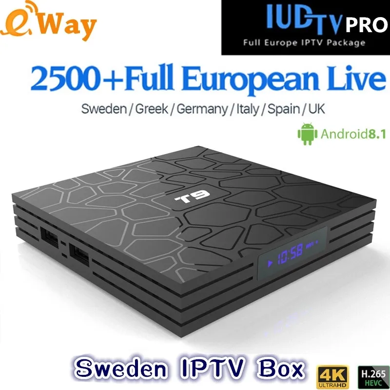 T9 tv box Android 8,1 RK3328 четырехъядерный IP tv set top box WiFi 2,4G 4K Поддержка 1 год Швеция Великобритания Германия Европа телевизионная коробка