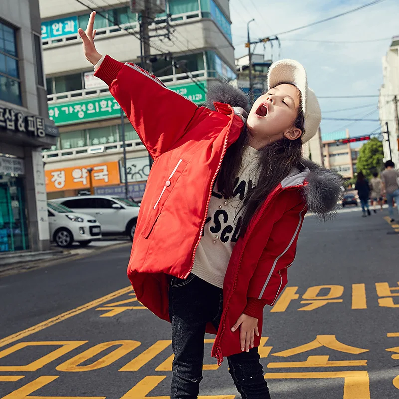 new girls down jacket long winter parkas with natural fur hoodies teen girls outerwear - Цвет: Красный
