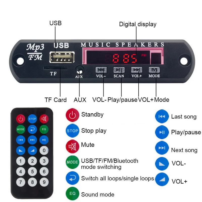 TOSPRA Bluetooth 5V 12V DC TF FM Radio Audio MP3 Player AUX Module Decoder Board USB Power Supply For Car Remote Music Speaker