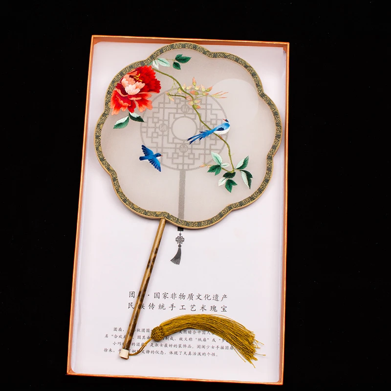 Chinese Natural Silk Hand Fan Costume Dance Ladies Handle Fan Handwork Fine Embroidery Pattern Home Decor Wedding Gifts