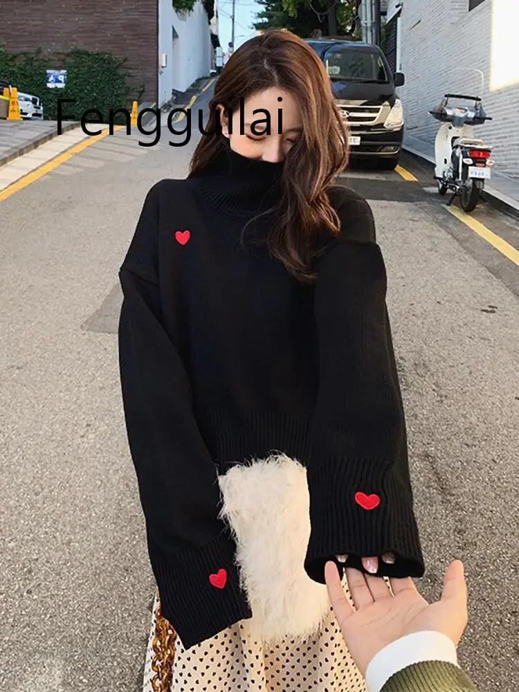 Fall Winter Women's Turtleneck Sweater Loose Wild Sweater Slip Sweater Women's Long Sleeve Casual Sweater Women White Black Red Fall Winter Women's Turtleneck Sweater Loose Wild Sweater Slip Sweater Women's Long Sleeve Casual Sweater Women White Black Red