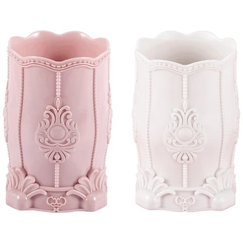 

2x Makeup Brush Pen Holder Cosmetic Storage Case Organizer Carved Pot Desktop Gift(Pink&White)