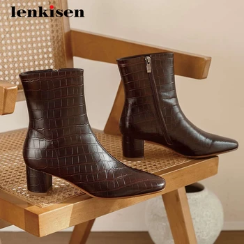 

Lenkisen Chelsea boots genuine leather stone pattern streetwear thick high heel square toe zipper gorgeous dress ankle boots L20