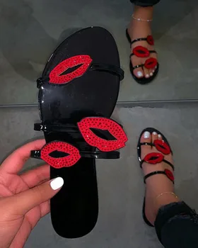 

2020 Fashion Women Summer Slippers Sexy Red Lips Sandals Flat Ladies's Shoes Beach Flip-flops Non Slip Rhinestones Home