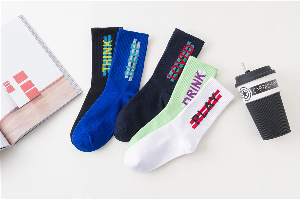 Women's Funny Words Loved Think Drink Sleep Play Lettered Striped Art Socks Couples Skateboard Hipster Street Dance Harajuku Sox