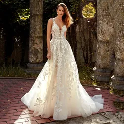 Sumnus Lace Wedding Dresses Elegant Sexy Backless V Neck A Line Bride Dresses Tulle Appliques Wedding Gowns plus size