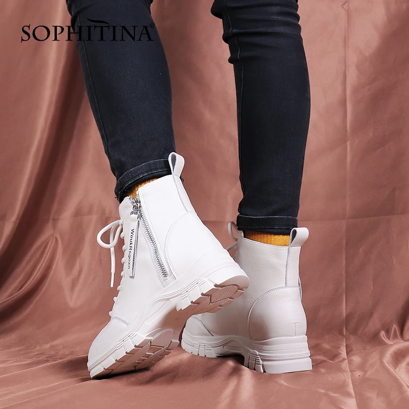 SOPHITINA Women's Shoes Winter Leisure Sport Genuine Leather Ankle Boots Round Toe Zipper Lace-Up Comfortable Women Boots WZ02