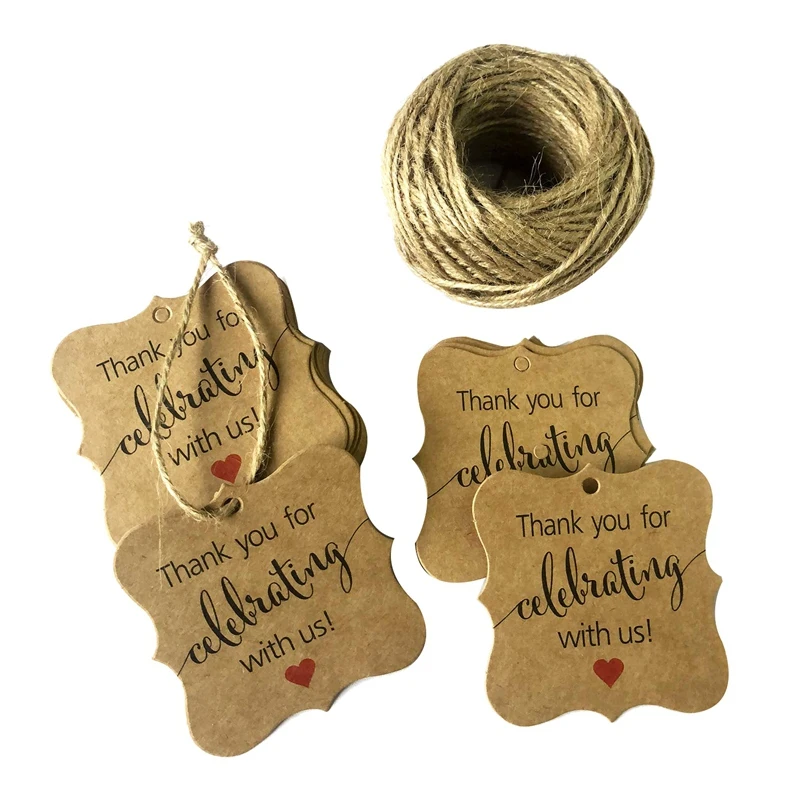 100 Pcs Thank You for Celebrating with Us Tags Kraft Paper Gift Wrap Tags with Natural Jute Twine for Baby Shower,Christmas,Wedd