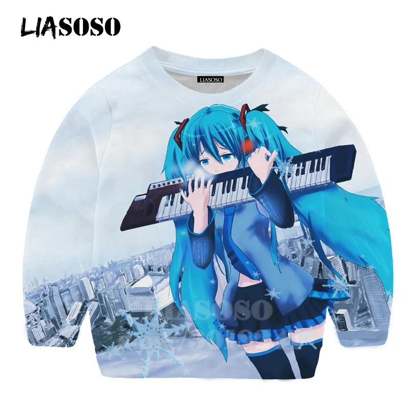 LIASOSO детей толстовки 3D принт аниме девочка Hatsune Толстовка Miku музыки детей мальчиков и девочек с круглым вырезом в стиле «хип-хоп» Детский свитер для подростков B174