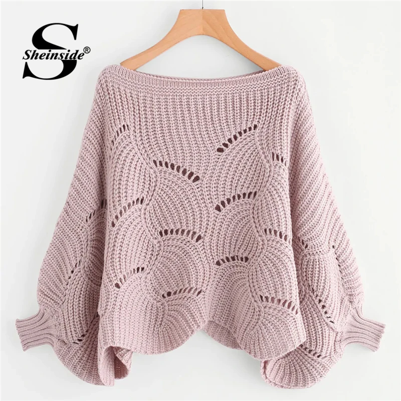 

Sheinside Pink Casual Hollow Out Sweater Women 2019 Autumn Batwing Sleeve Sweaters Ladies Eyelet Detail Scalloped Hem Top