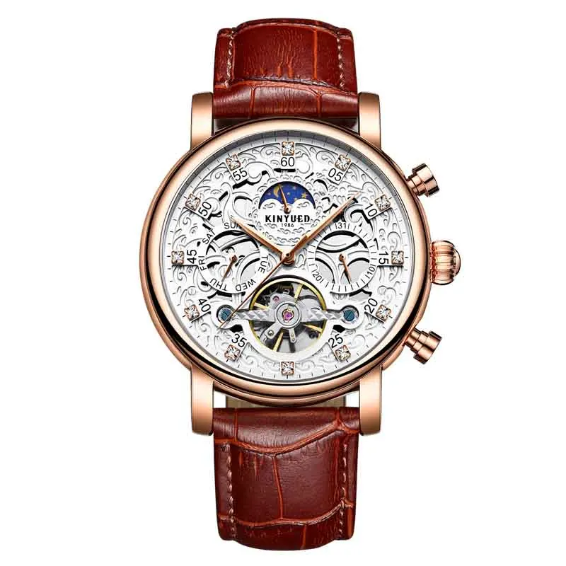 

KINYUED Automatic Mechanical Watch Men Auto Date Calendar Wristwatch Waterproof Leather Strap Moon Phase Male Clock Montre Homme