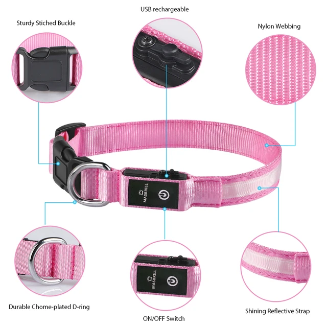 USB Charging Flashing Dog Collar Leads LED Light Night Safety Glow Anti-Lost/Avoid Car Accident Dog Nylon Adjustable Pet Collar DC5200-pink