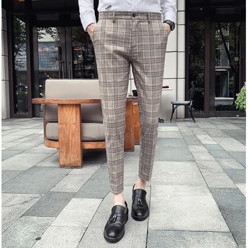 

2020 men slim business suit pants Korean fashion business casual pants personalized striped plaid print fashion male trousers 36