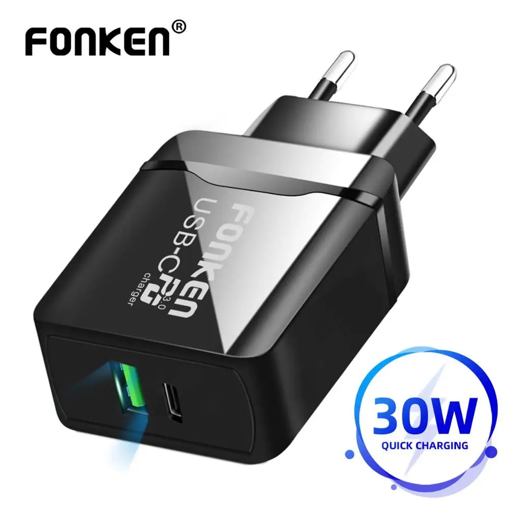 FONKEN USB C PD зарядное устройство с двумя портами для быстрой зарядки телефона адаптер с 2 портами 30 Вт QC 4,0 3,0 Быстрая зарядка настенное зарядное устройство s