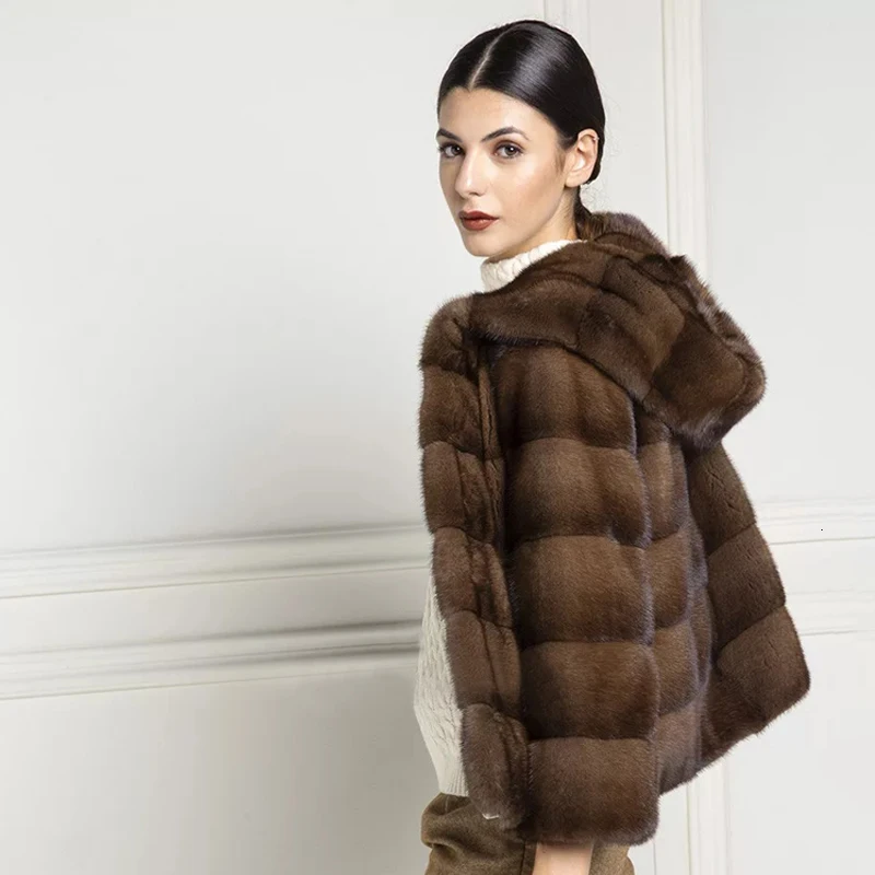 TOPFUR коричневое меховое пальто с капюшоном, натуральное меховое пальто для женщин, зимняя шуба из натуральной норки, короткий рукав три четверти, свободная куртка