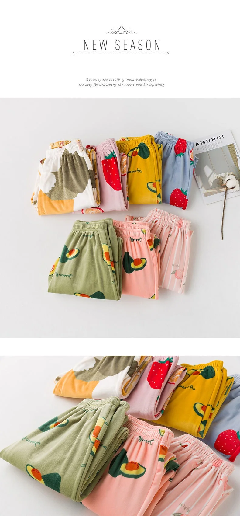 Модные Разноцветные толстые мягкие фланелевые пижамные брюки; сезон осень-зима; милые женские длинные домашние штаны с фруктами; штаны для сна с цветочным рисунком