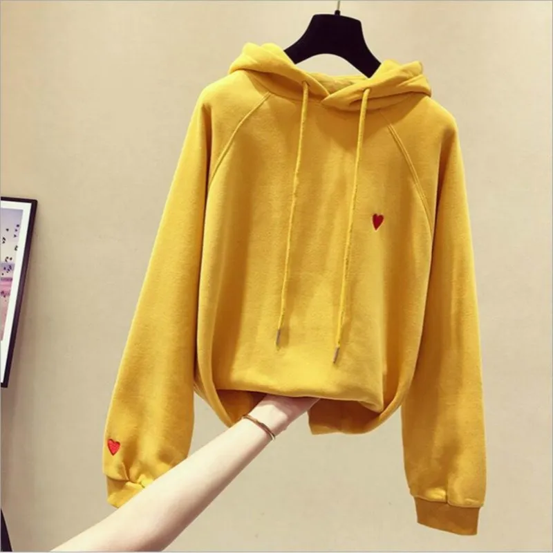 Осенние женские повседневные плотные толстовки с капюшоном, простые однотонные универсальные свободные пуловеры, корейские толстовки с принтом в виде сердца
