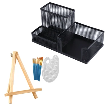 

Students Office Desk Mesh Style 3 Compartments Metal Pen Holder Black with 1 Set 13Pcs Acrylic Artist Painting Set