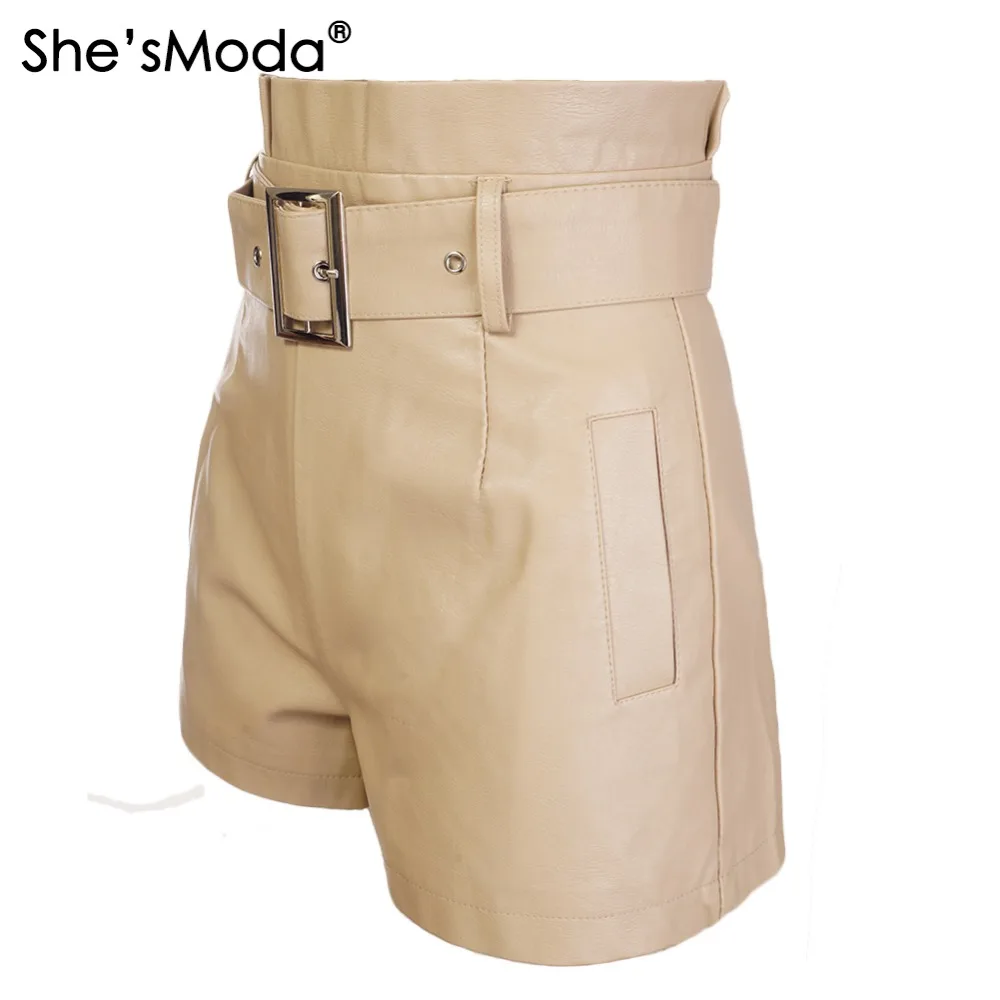 She'sModa из искусственной кожи ремень новые женские с высокой талией Прямые шорты с карманом размера плюс