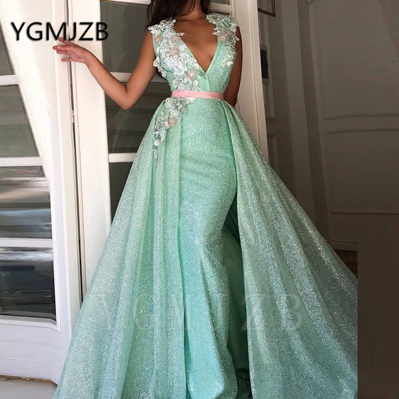 

Sparkly Sequin Evening Dresses 2019 Mermaid V-Neck Detachable Train 3D Flowers Saudi Arabic Women Formal Prom Party Dress