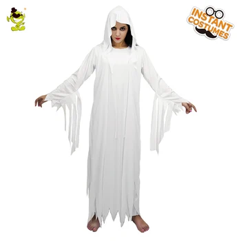

New Design Women White Ghost Costumes with Fringed Cuff Halloween Party Gruesome Phantom in the Hell Role Play Robe Fancy Dress