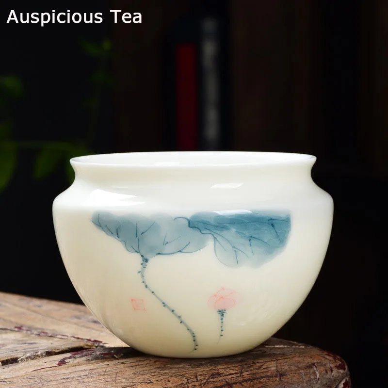 Mutton Fat Jade Hand-painted Lotus Jianshui Kungfu Tea Set Tea Ceremony Accessories Small Cup Washing Dishes Creative Gift