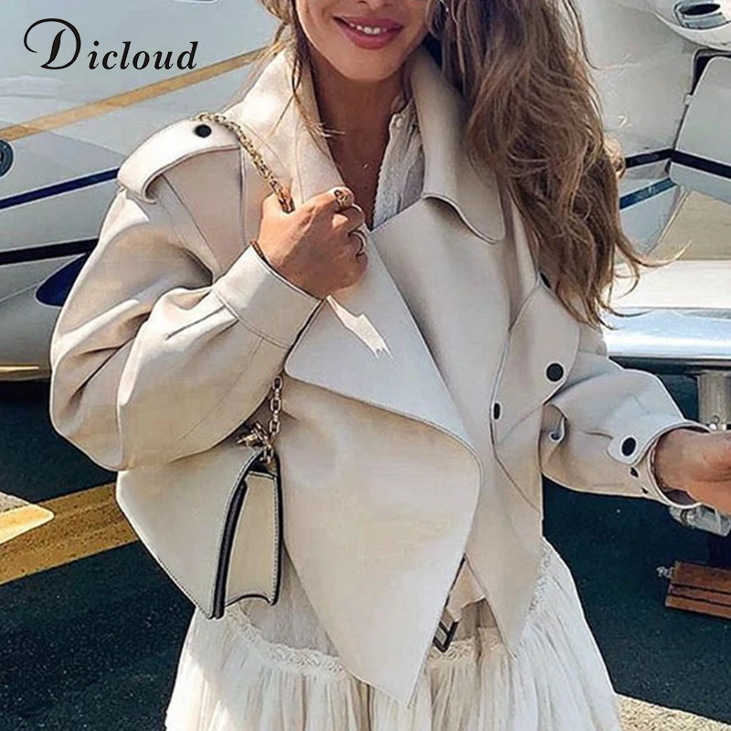 DICLOUD, модная женская куртка из искусственной кожи, белая, длинный рукав, негабаритный наряд с карманами, Осень-зима, повседневное одноцветное пальто для женщин
