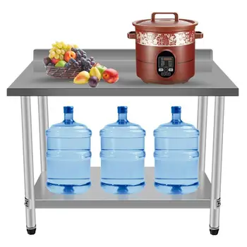 

New 90x61x90cm Kitchen Work Bench Stainless Steel Food Prepar Desk 2 Layers Adjustable Kitchen Catering Table With Backsplash