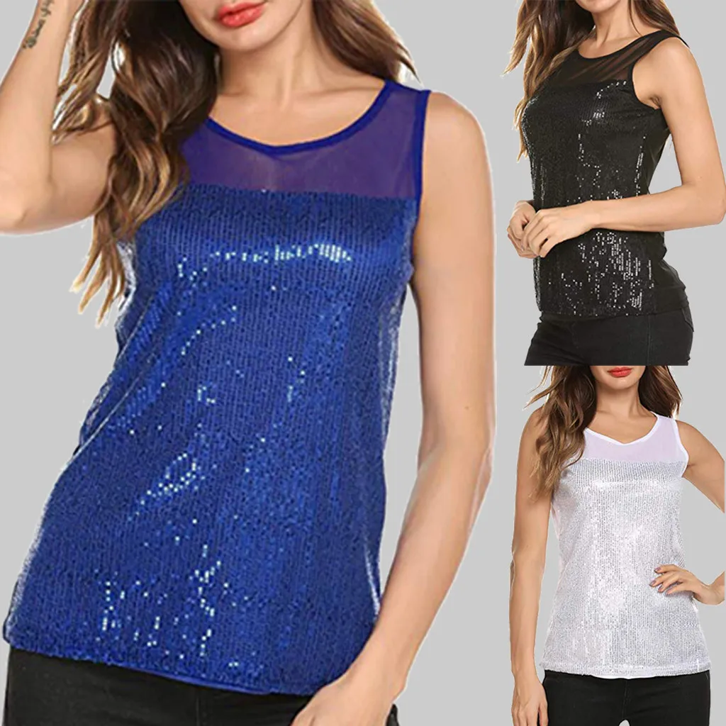 Женская блузка без рукавов блестящая сетчатая майка с блестками повседневная