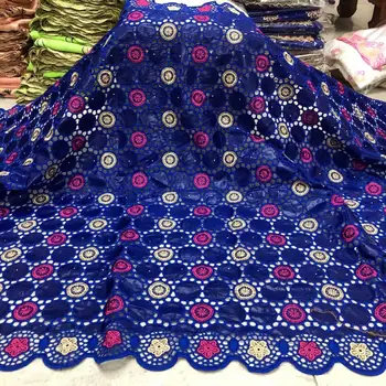 

CS 2020 African bazin riche fabric with brode Latest fashion embroidery bazin lace fabric with net lace Punching design 5 yards