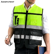 Drop shipping adisputent High Visibility Zipper Front Safety Vest Reflective Strips with Multi Pockets Safety Vest