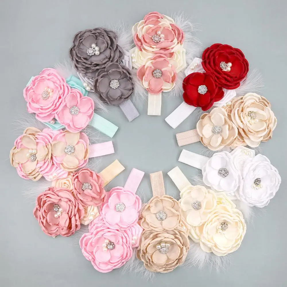 Flower Headband Baby Girls Accessories Vintage Rhinestone Newborn Photography Props Elastic Plain Hair Bands hair accessories hair headband accessories baby photography props