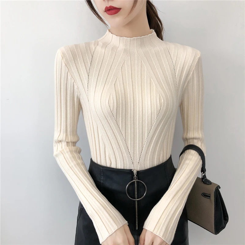 beige Autumn Winter Thick Sweater Women Knitted Ribbed Pullover Sweater Long Sleeve Turtleneck Slim Jumper Soft Warm Pull Femme - Цвет: beige