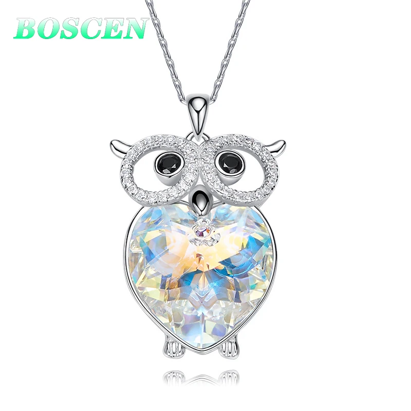 BOSCEN 925 Sterling Silver Pendant Necklace For Women Birthday Gift Colorful Owl Embellished With Crystals From Swarovski