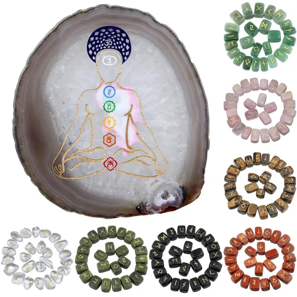 

TUMBEELLUWA 7 Chakra Agate Slices Geode Cup Mat Beverage Coasters & 1Lot Rune Stones Set Reiki Engraved Lettering Wicca Crystals