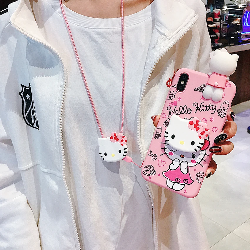 3D милый рисунок «Hello Kitty» Мягкий силиконовый чехол с кронштейном шнурком на шею для samsung S7 S8 S9 S10 плюс A6 J5 J7 J4 Plus A5 A7
