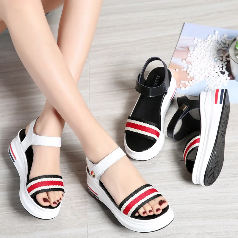 

2019 New Style Genuine Leather Wedge Sandal Women's Summer High-Heel Sports Casual Shook Sandals Women's Thick Bottomed Platform
