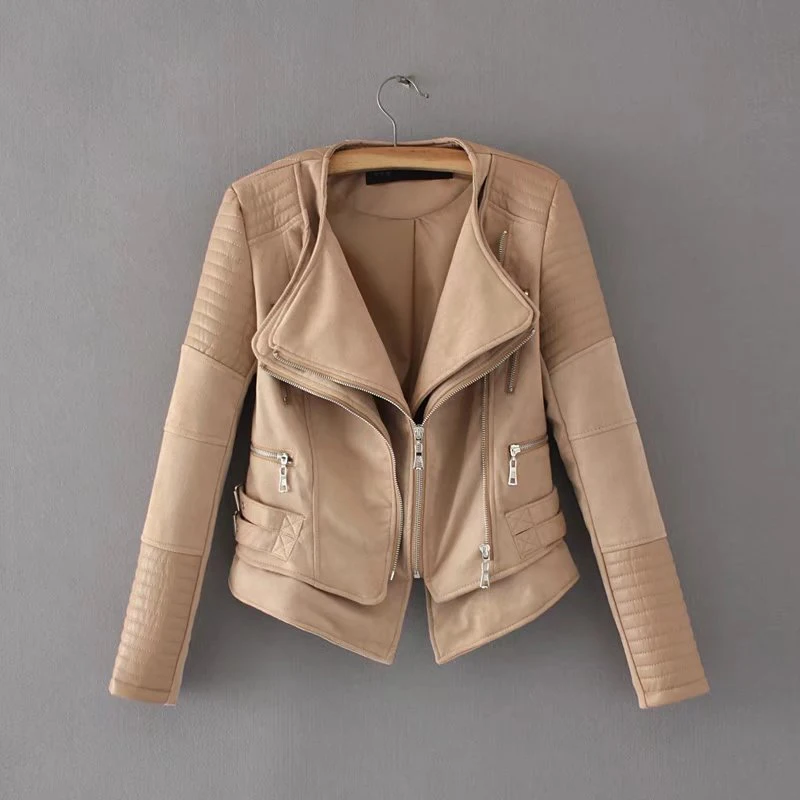 lower price  Autumn Leather Biker Female Jacket Zipper Faux PU Belt Motorcycle Women's Jackets 2019 Winter Khaki
