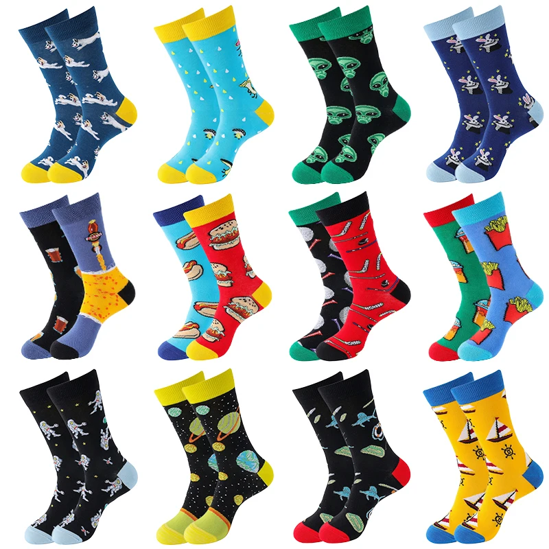 

New Men Sock Funny 2021 Fashion Hamburger Fries Food Planet Astronaut Print Casual Hip Hop Harajuku Creative Streetwear Socks