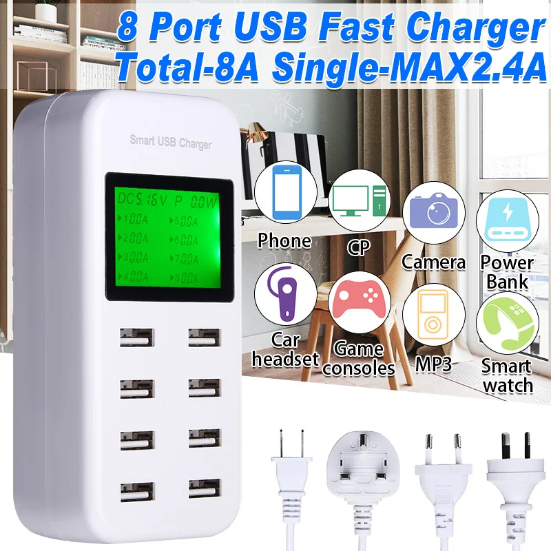 

USB Multichargers 8 Port 5V/8A USB Charging Power Strip Adapter Wall Travel Desktop Charger Hub