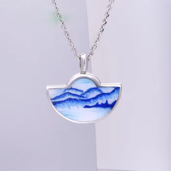 

Hot Selling Trendy Silver Pendant Necklace for Women Elegant Blue White Enamel Landscape Painting Sweater Necklaces Wedding Band
