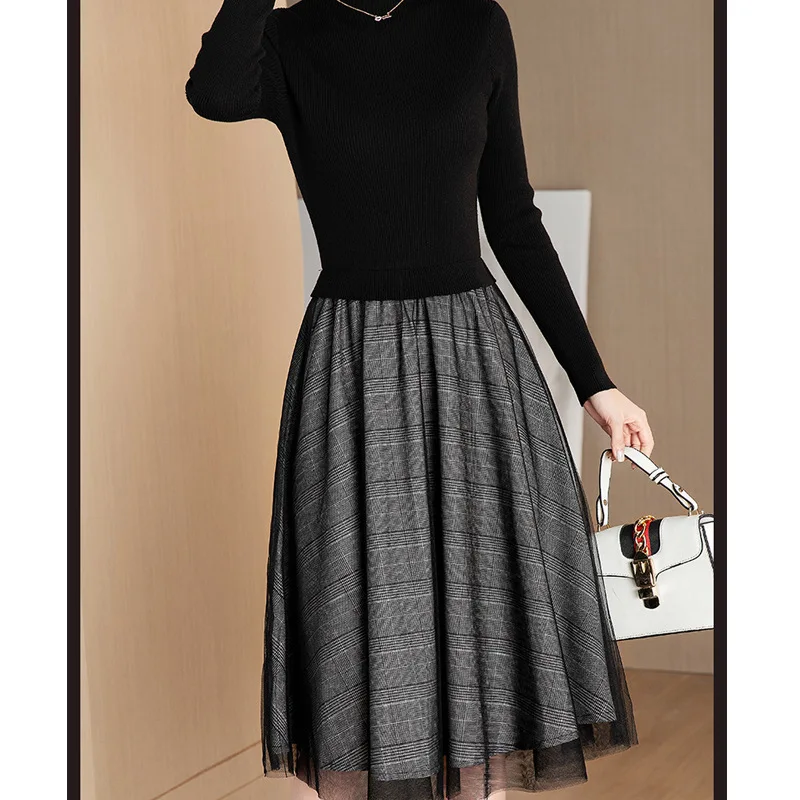 

Europe And America 2020 Spring New Style Mock Two-Piece Knitted Sweater Women's Slim Fit Joint Mid-length A- line Gauze Even