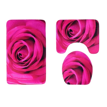 

3 Pcs Set Rose Red Romantic Rose Print Bathroom Mat +Contour Rug + Lid Cover Home decor