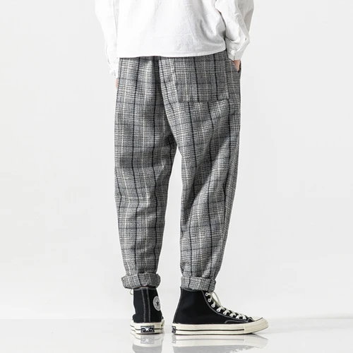 K98 plaid gray Мужские зимние свободные толстые шерстяные шаровары уличная хип-хоп клетчатые повседневные мужские брюки джоггеры спортивные брюки - Цвет: K98 plaid gray