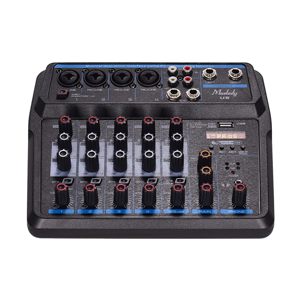 Canais de Áudio Console de Mistura com Placa de Som Plugue da ue Muslady Musical Mini Mixer 6 Misturadores bt Usb Embutido 48v Phantom Power u6 - Image 2