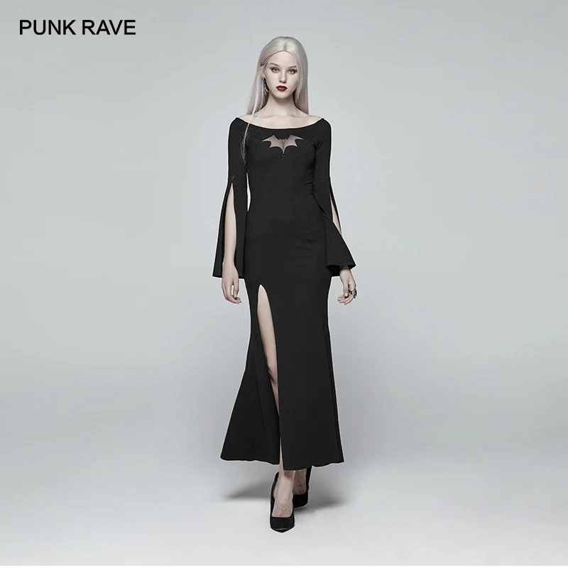 

PUNK RAVE Women's Gothic Dress Bat Code Long Prom Personality Black Dress Christmas Halloween Party Club Sexy Dress Women